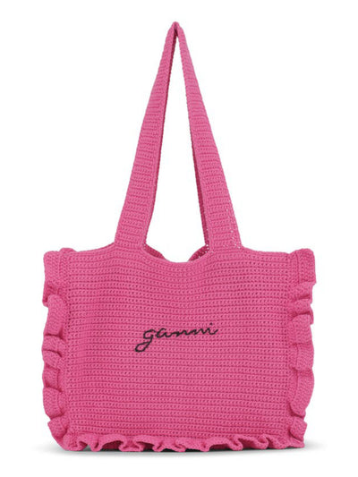 GANNI Women's Pink Solid Ruffled Crochet Double Flat Strap Tote Handbag Purse