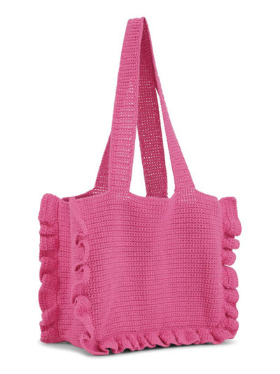 GANNI Women's Pink Solid Ruffled Crochet Double Flat Strap Tote Handbag Purse