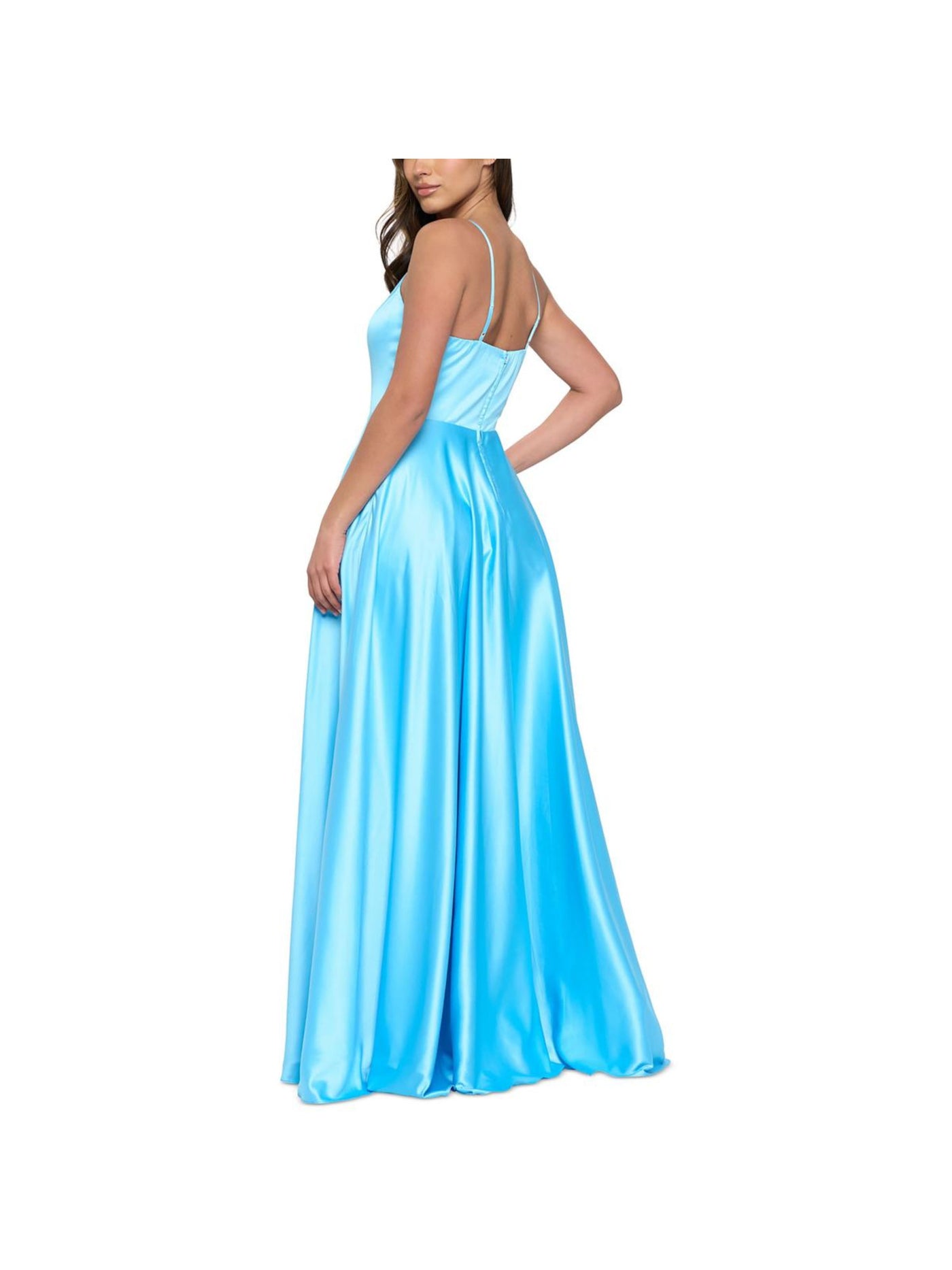 B DARLIN Womens Light Blue Zippered Pocketed Thigh-high Slit Bra Cups Lined Spaghetti Strap V Neck Full-Length  Gown Prom Dress Juniors 1\2