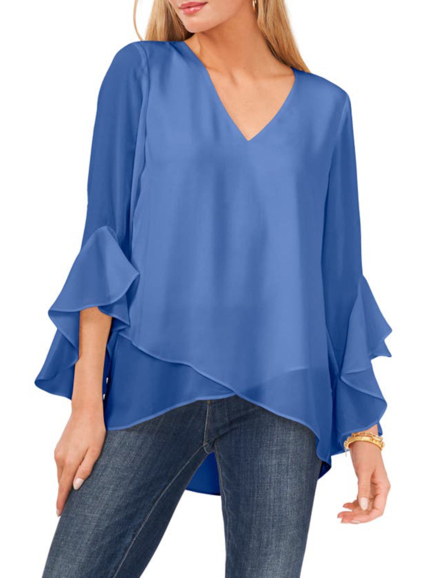 VINCE CAMUTO Womens Blue Gathered Unlined Sheer Asymmetrical Step Hem Flutter Sleeve V Neck Tunic Top XS