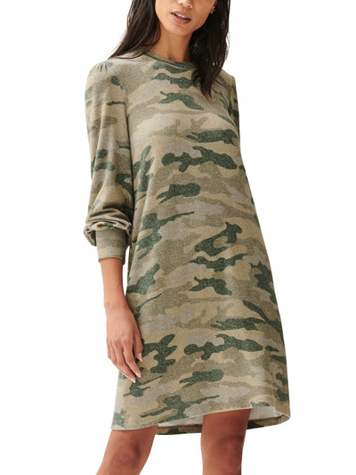 LUCKY BRAND Womens Green Camouflage Long Sleeve Crew Neck Above The Knee Shift Dress S