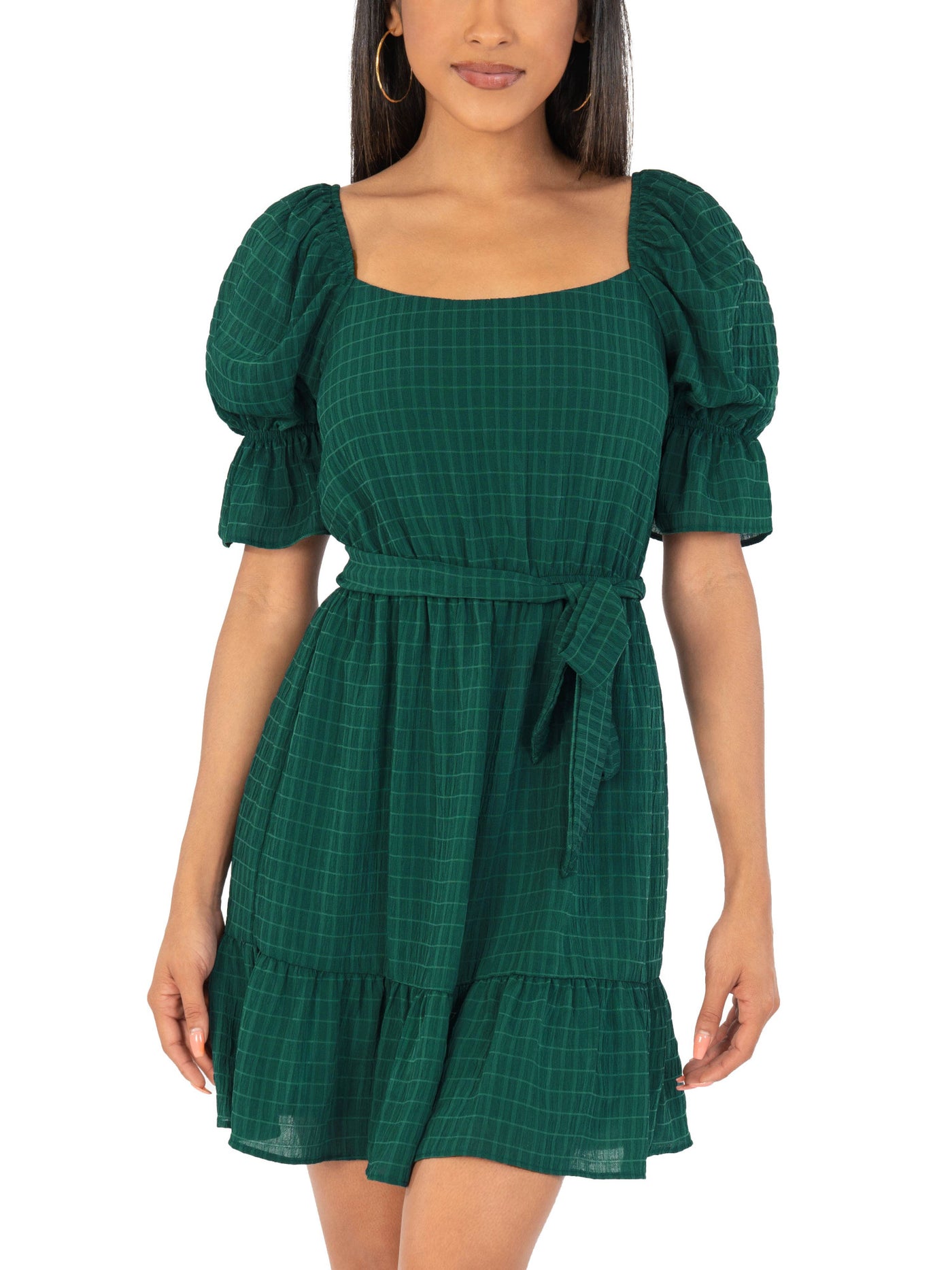 SPEECHLESS Womens Green Stretch Ruffled Belted Semi-sheer Lined Pouf Sleeve Square Neck Mini Party Fit + Flare Dress XS