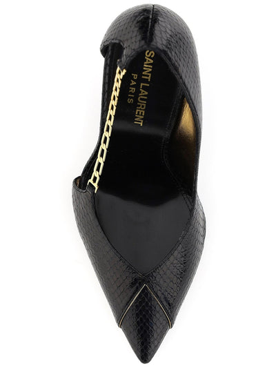 SAINT LAURENT Womens Black Snakeskin Chain Detail Toe Cap Comfort Lola Pointed Toe Stiletto Slip On Leather Pumps Shoes 36