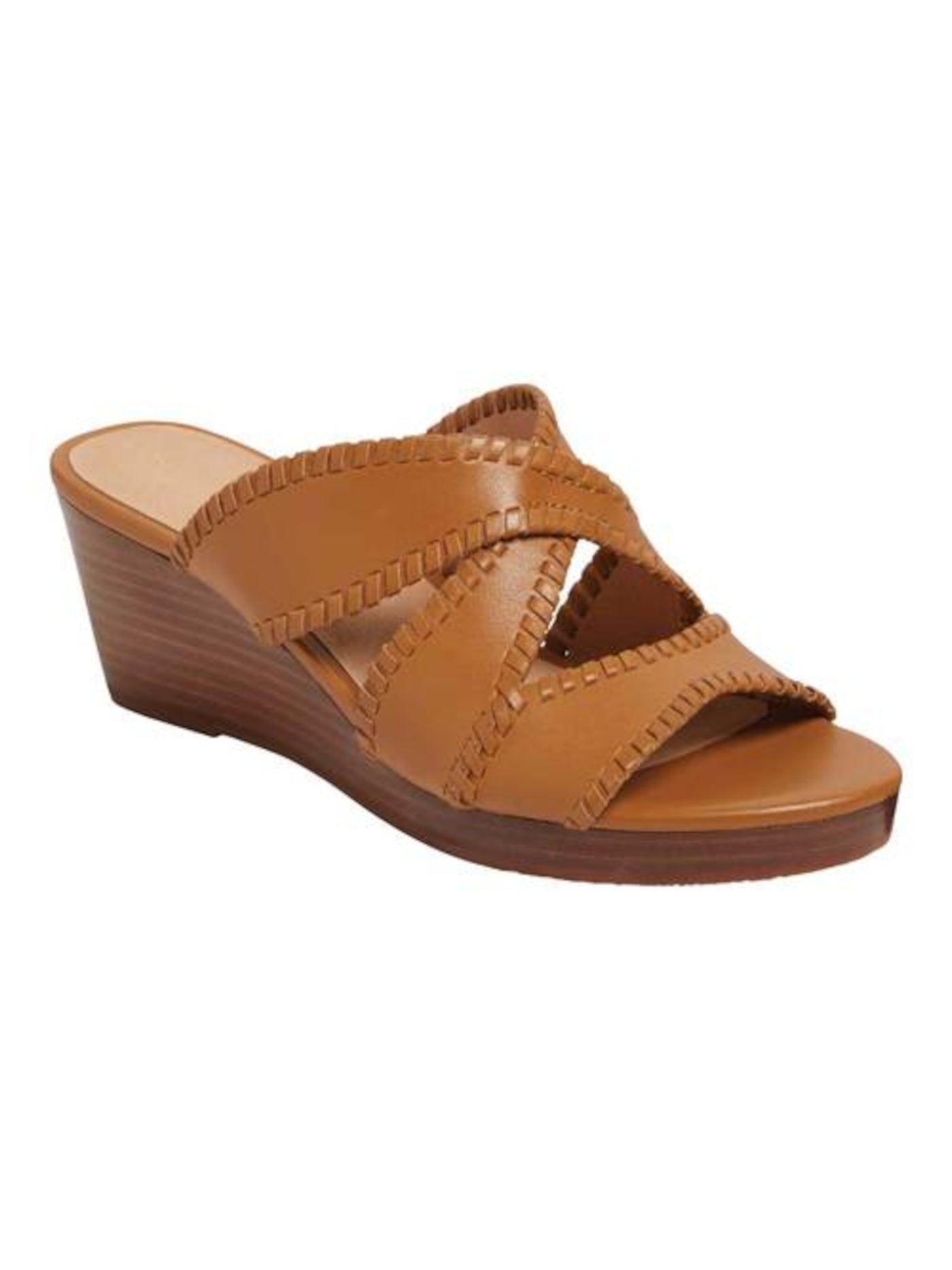 JACK ROGERS Womens Brown Whipstitch Comfort Strappy Jackie Round Toe Wedge Slip On Leather Slide Sandals 10 M