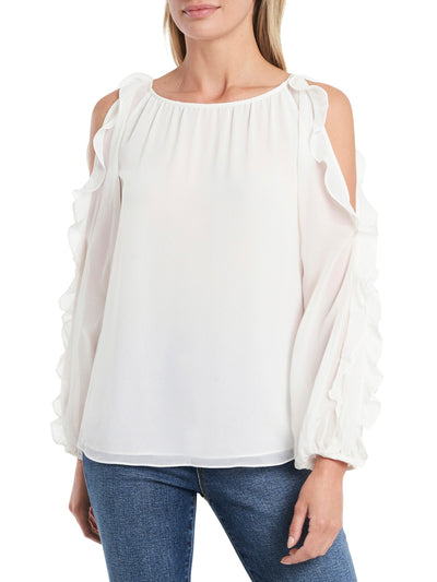 1. STATE Womens Ivory Ruffled Cold Shoulder Long Sleeve Scoop Neck Blouse L
