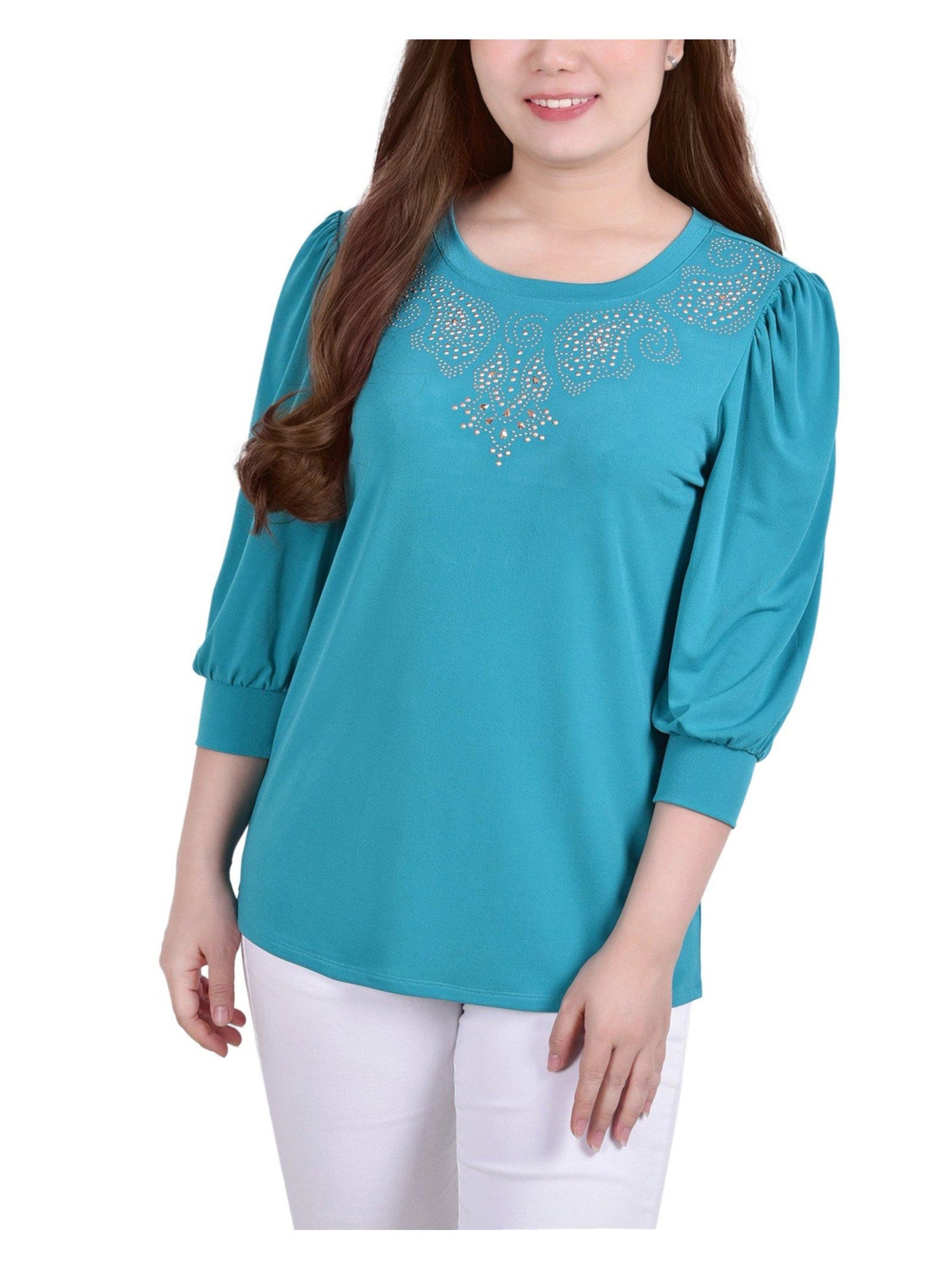 NOTATIONS Womens Teal Embellished Elbow Sleeve Scoop Neck Wear To Work Top Petites PL