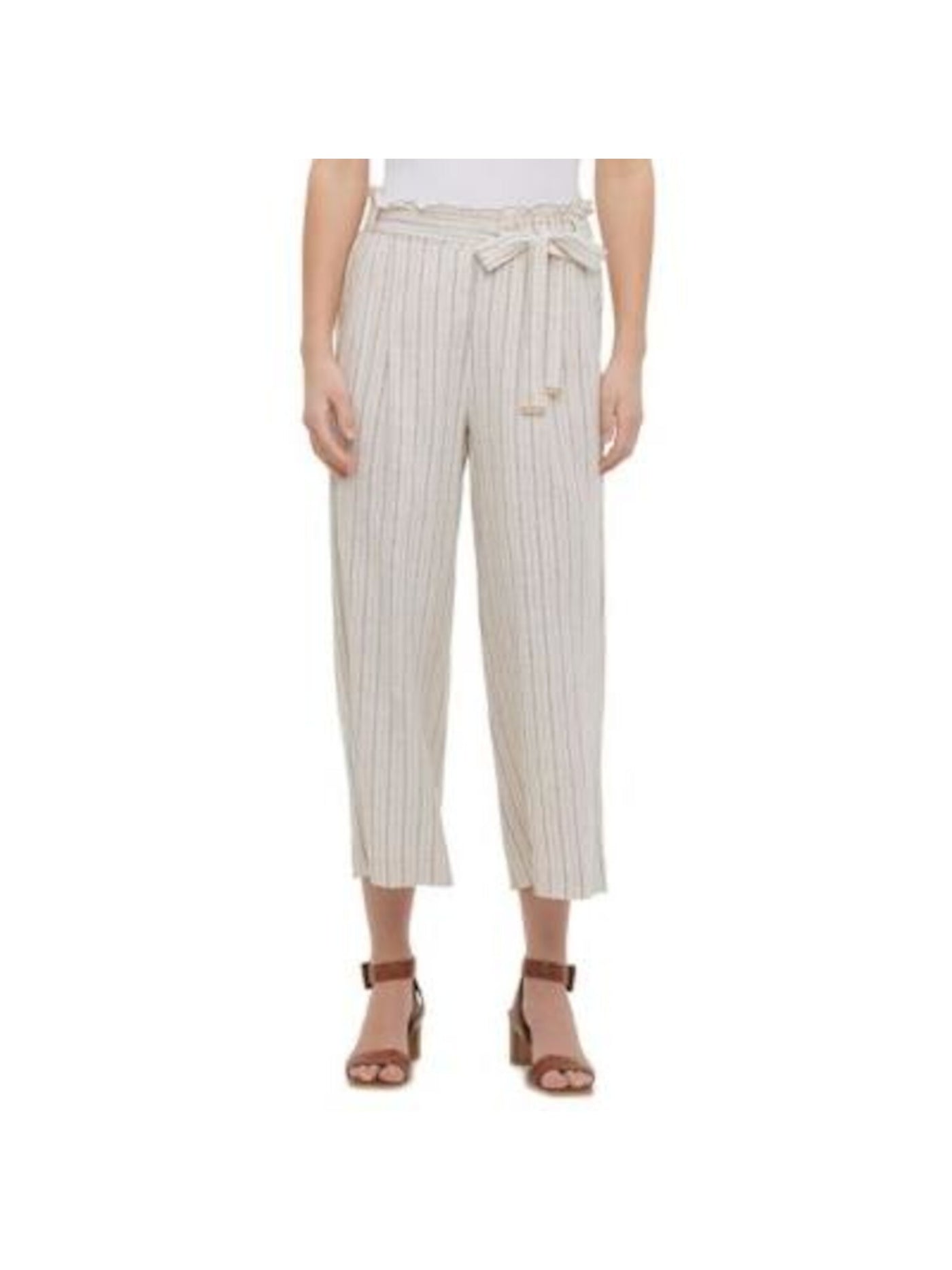 CALVIN KLEIN Womens Beige Belted Pocketed Striped Cropped Pants Size: L