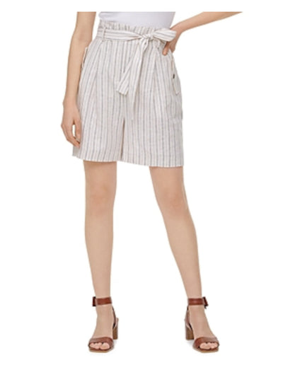 CALVIN KLEIN Womens Beige Pocketed Belted Striped Shorts 2