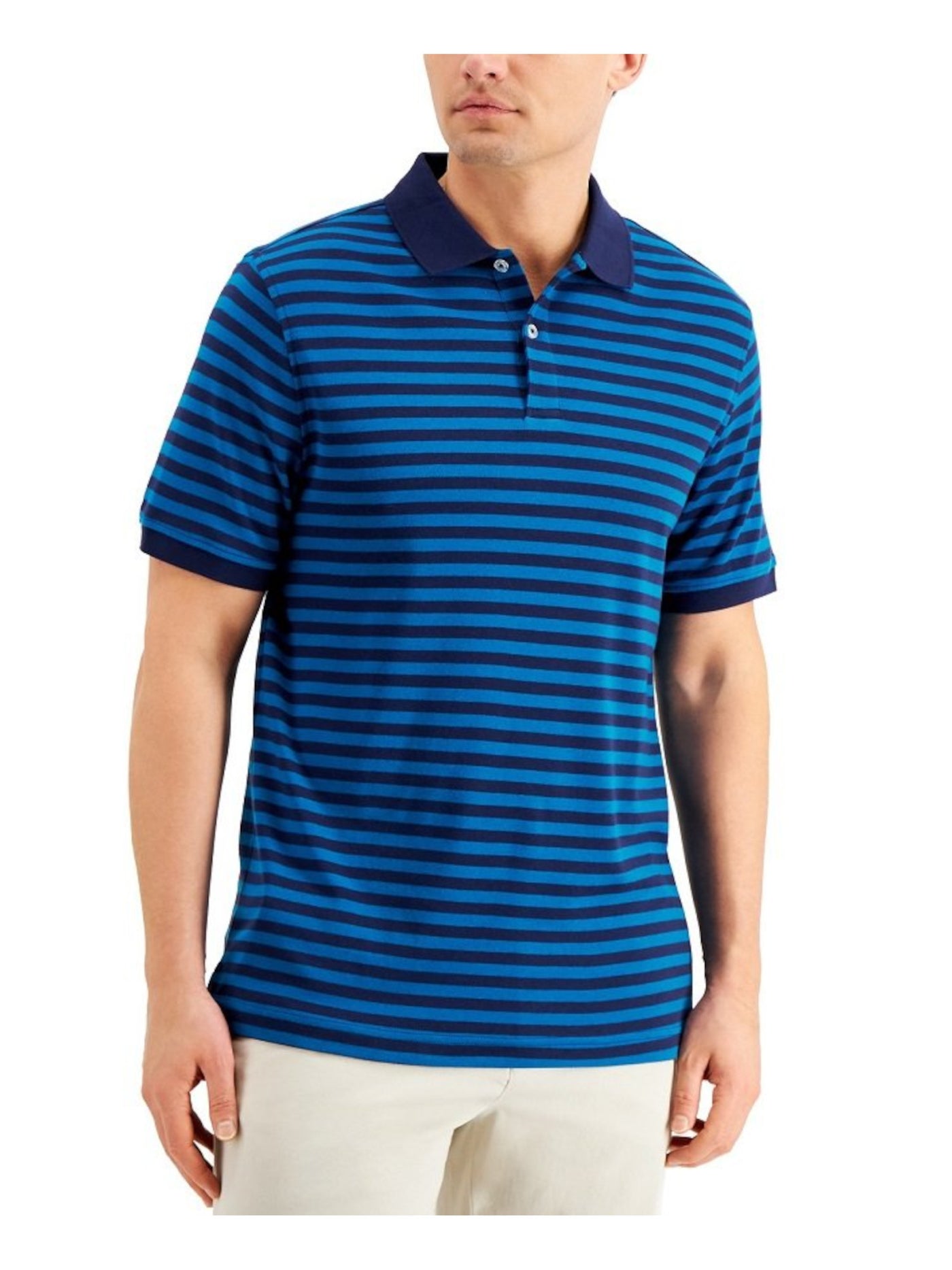 CLUBROOM Mens Interlock Teal Striped Classic Fit Stretch Polo S