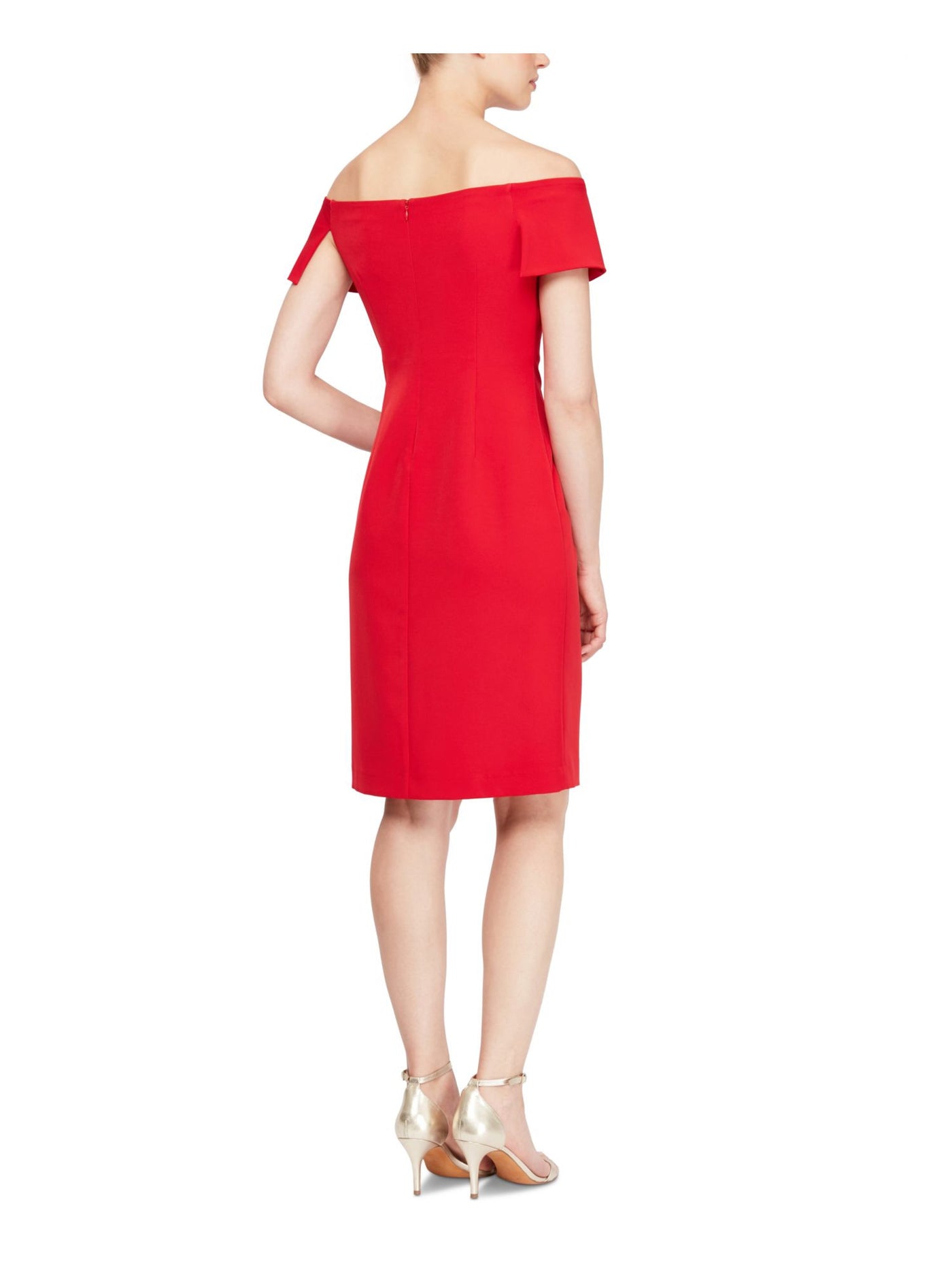 XSCAPE Womens Red Stretch Slitted Zippered Lined Short Sleeve Asymmetrical Neckline Full-Length Formal Gown Dress Petites 4P