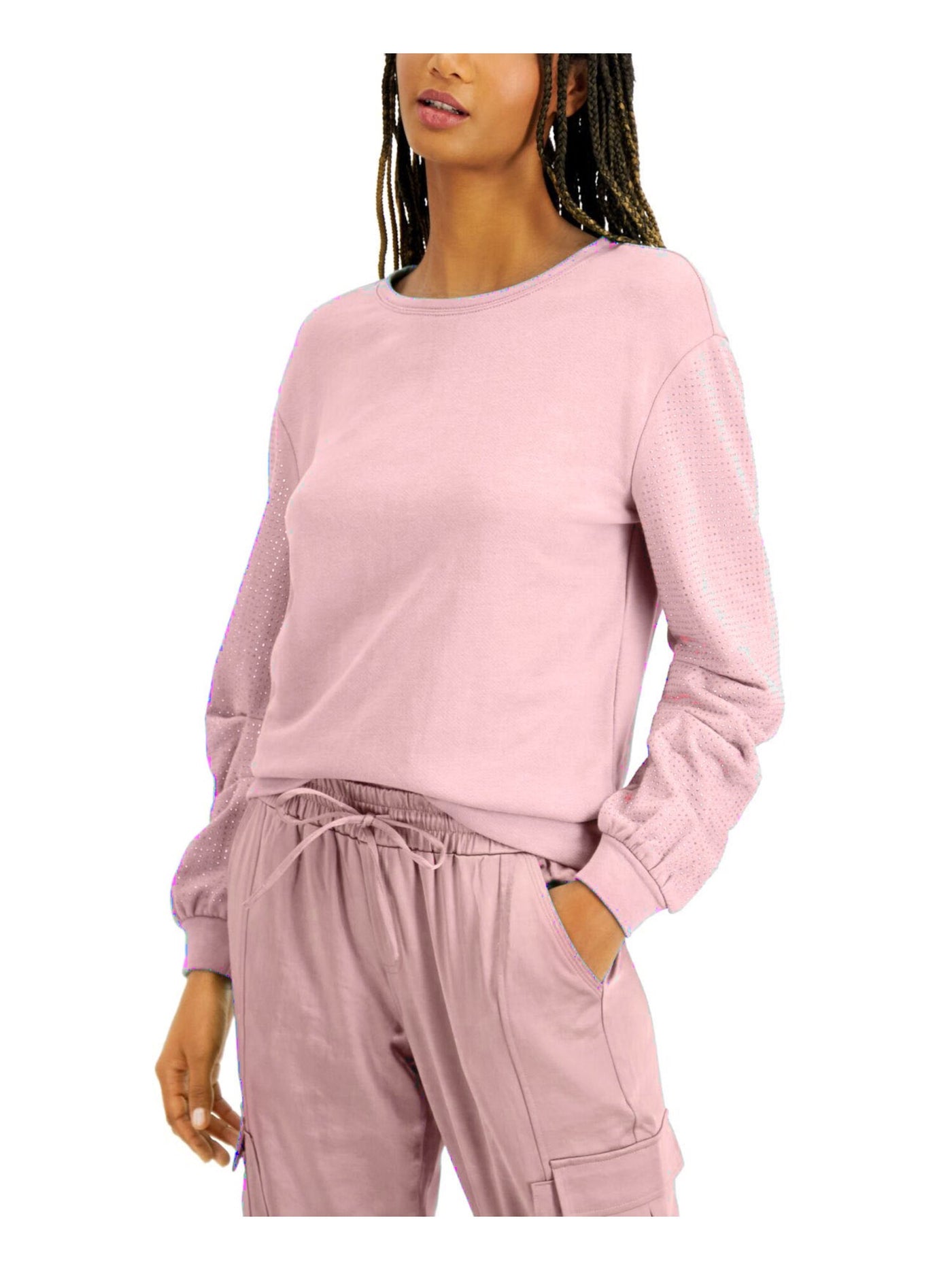 INC Womens Pink Cotton Blend Embellished Sleeves Sweatshirt L