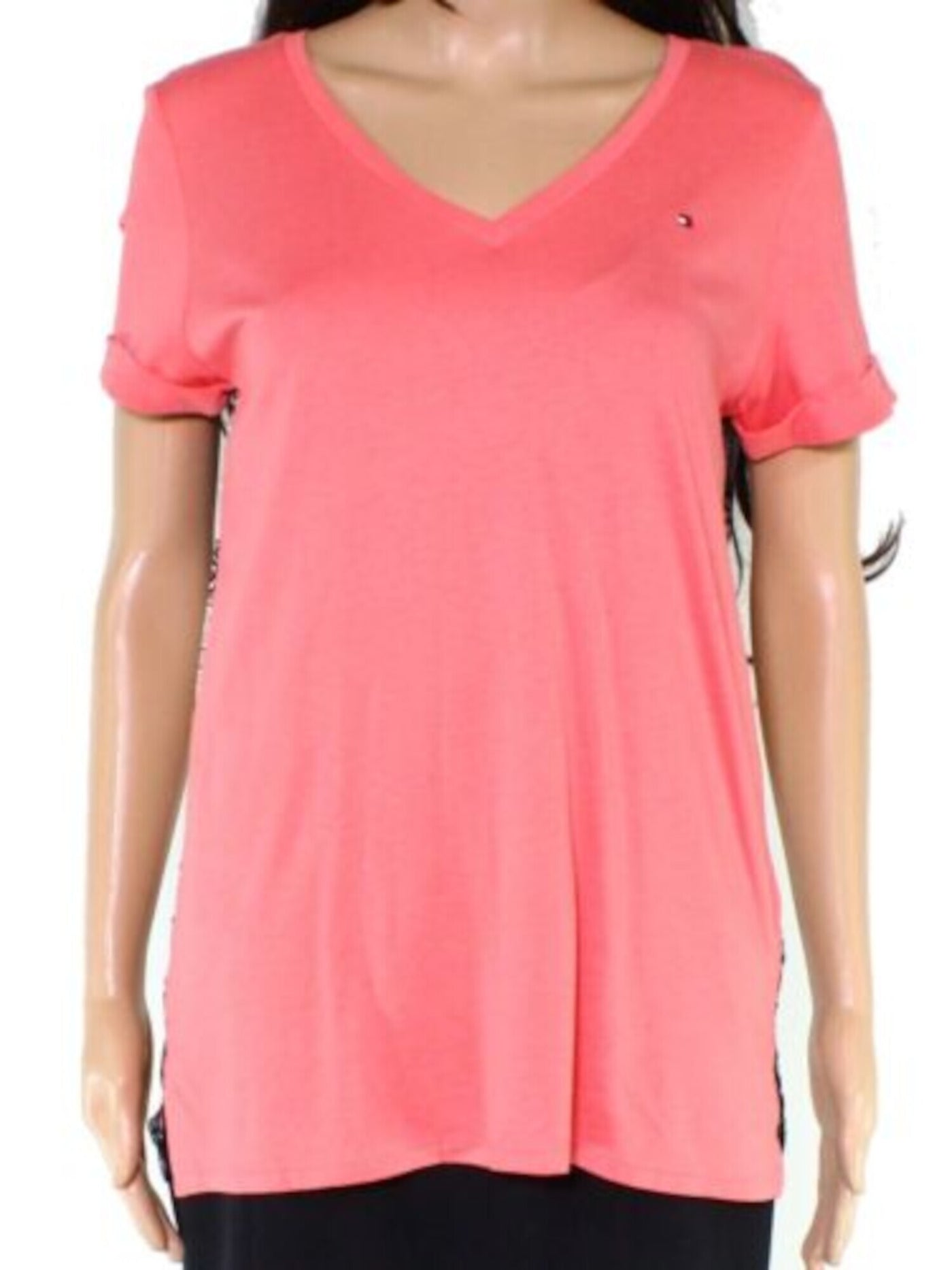 TOMMY HILFIGER Womens Pink Printed Short Sleeve V Neck Top XS