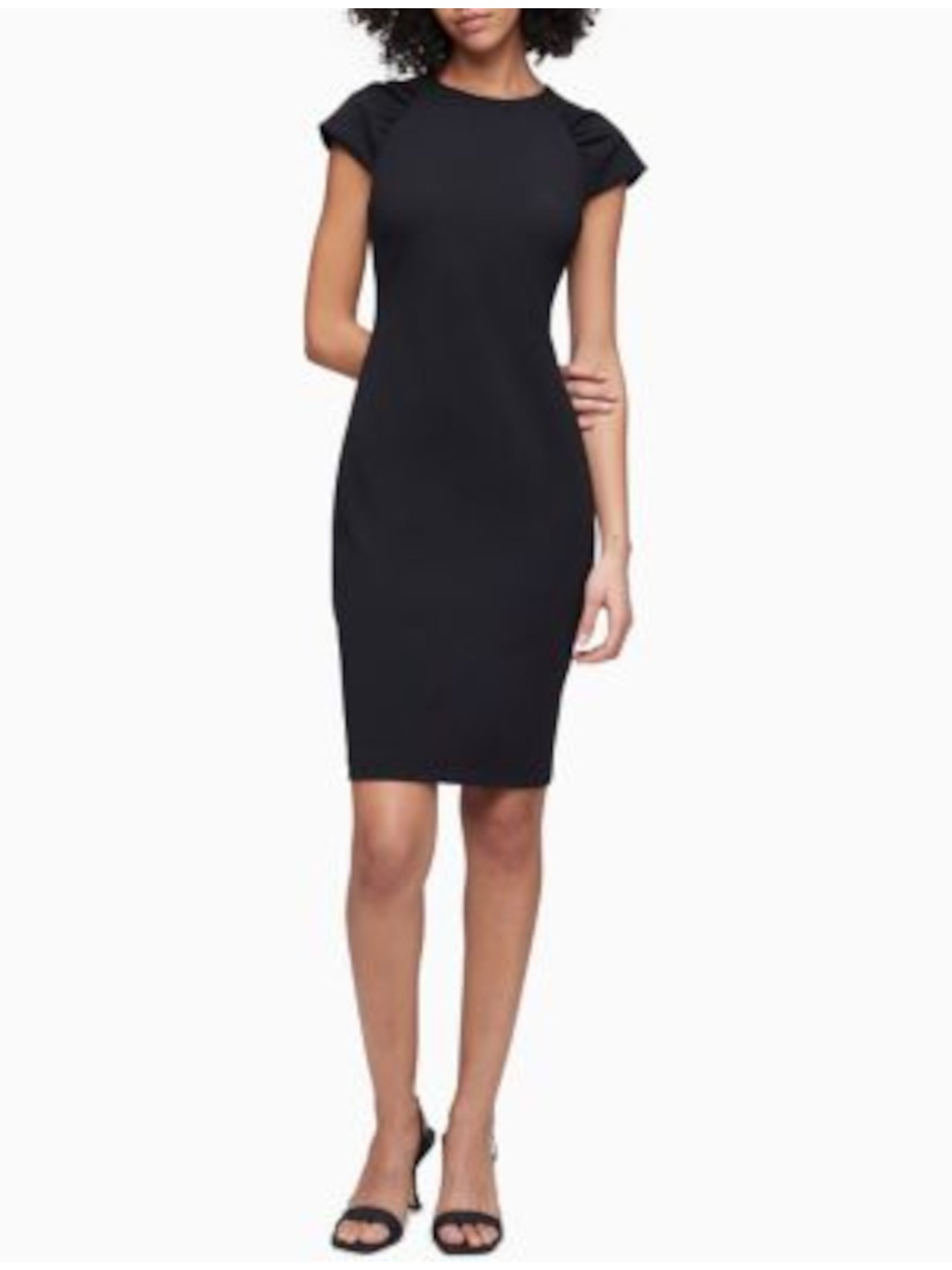 CALVIN KLEIN Womens Black Stretch Zippered Darted Ruched Cap-sleeve Crew Neck Above The Knee Wear To Work Sheath Dress 12