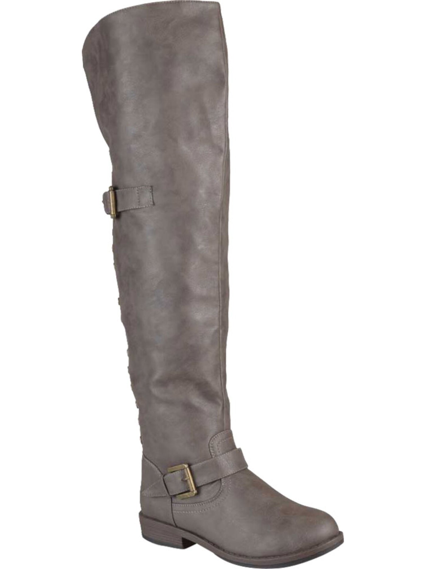 JOURNEE COLLECTION Womens Gray Hidden Pocket Buckle Accent Studded Kane Round Toe Block Heel Zip-Up Riding Boot 8.5 M