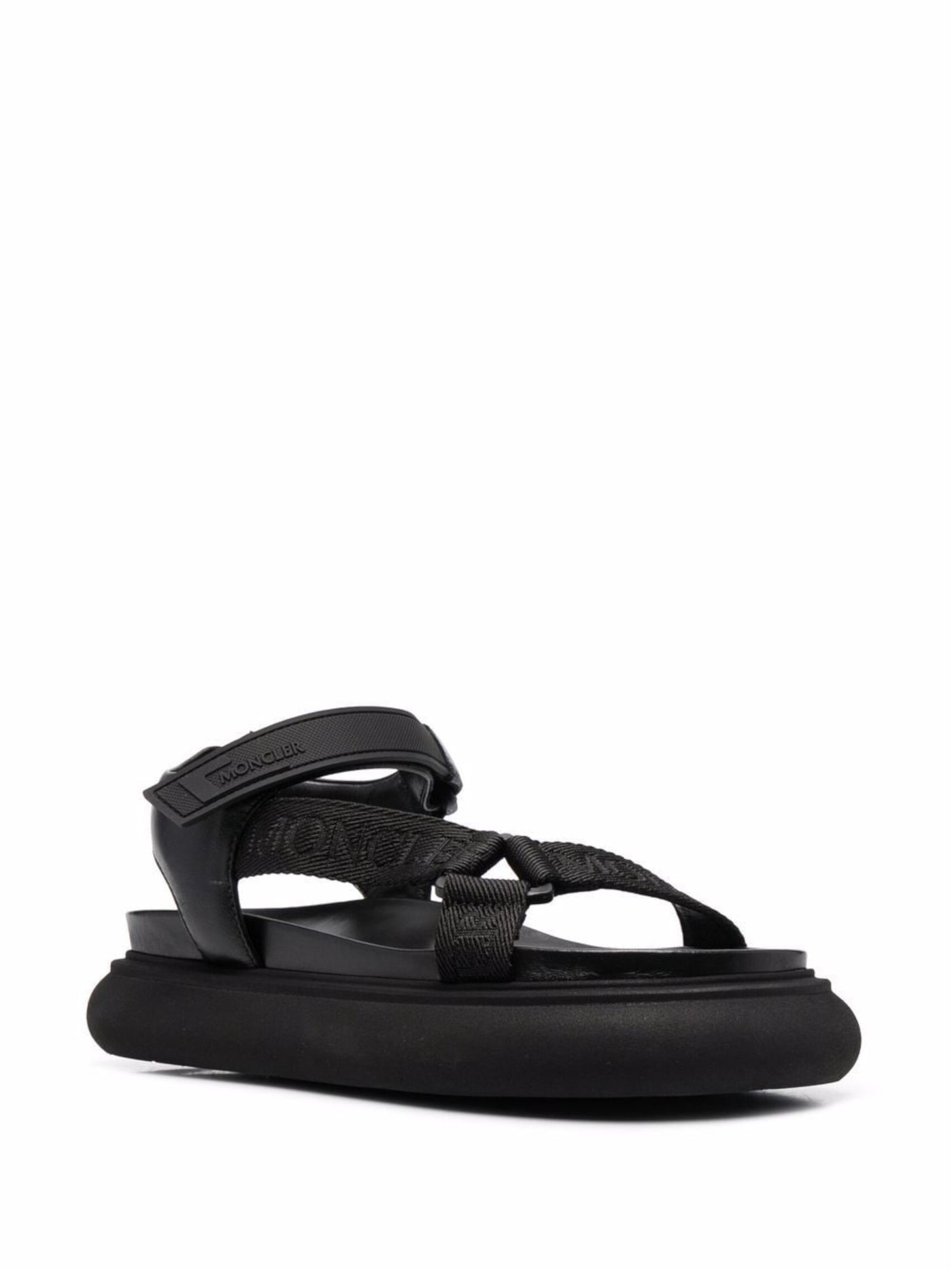 MONCLER Womens Black Logo Asymmetrical Arch Support Catura Round Toe Wedge Leather Sandals 40