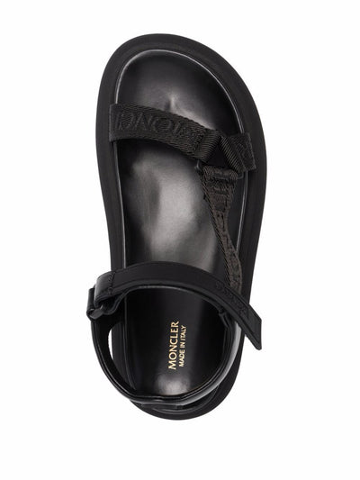 MONCLER Womens Black Logo Asymmetrical Arch Support Catura Round Toe Wedge Leather Sandals Shoes