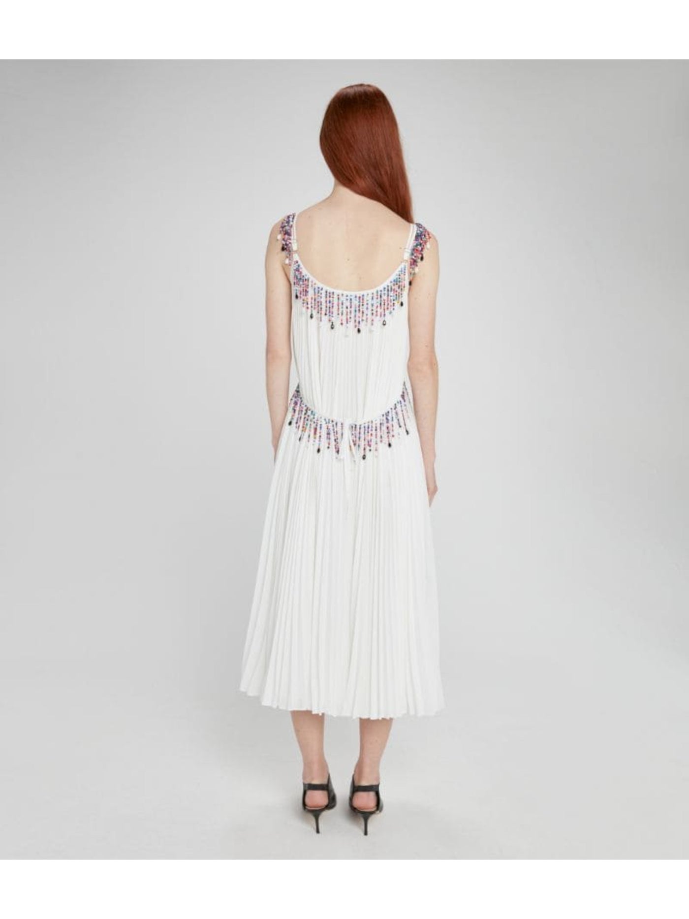 CHRISTOPHER KANE Womens White Beaded Pleated Lined Sheer Adjustable Spaghetti Strap V Neck Midi Evening Fit + Flare Dress 2