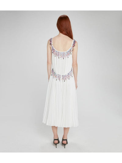 CHRISTOPHER KANE Womens White Beaded Pleated Lined Sheer Adjustable Spaghetti Strap V Neck Midi Evening Fit + Flare Dress 2