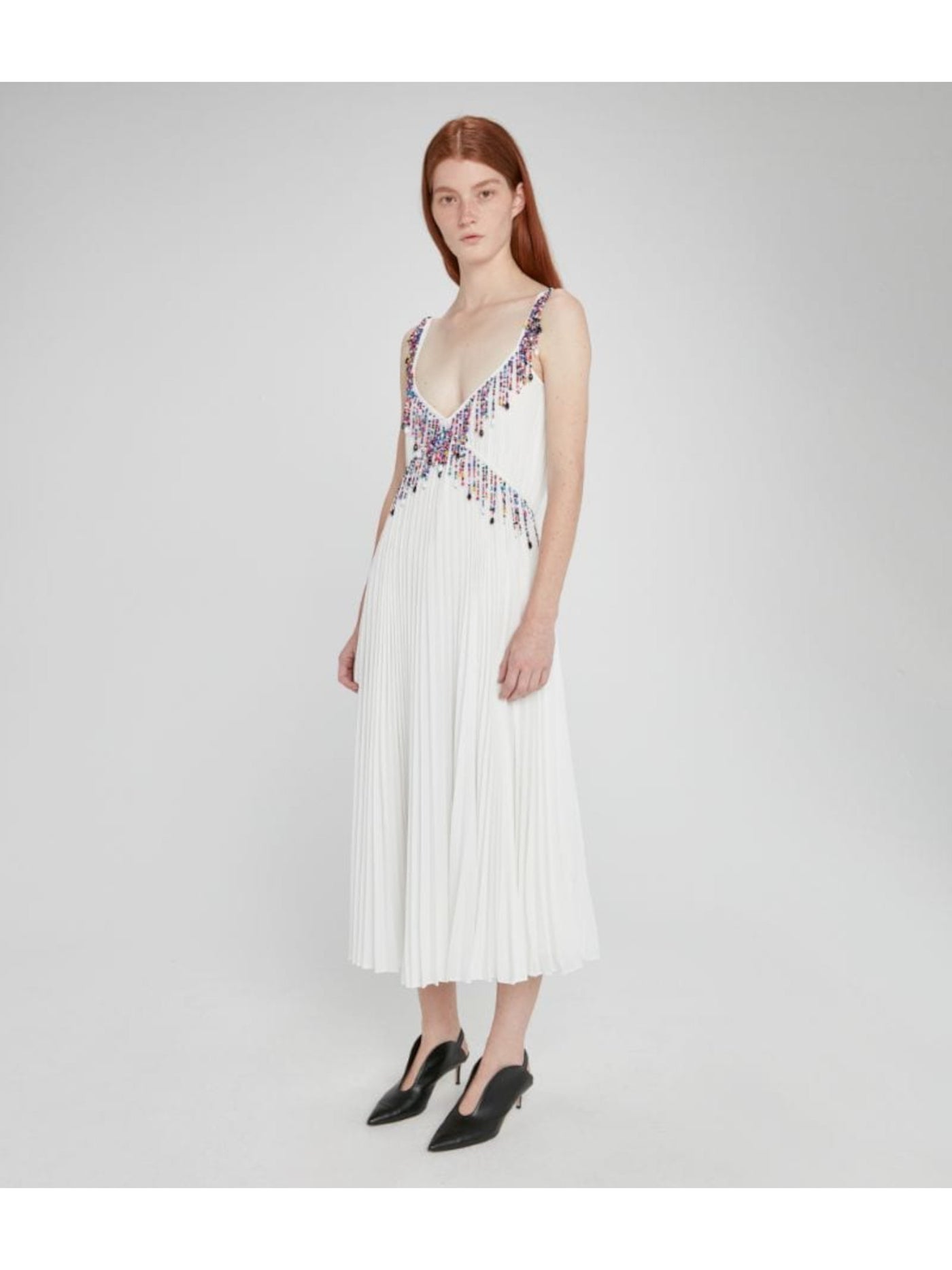 CHRISTOPHER KANE Womens White Beaded Pleated Lined Sheer Adjustable Spaghetti Strap V Neck Midi Evening Fit + Flare Dress 2