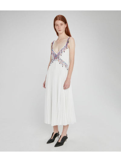 CHRISTOPHER KANE Womens White Beaded Pleated Lined Sheer Adjustable Spaghetti Strap V Neck Midi Evening Fit + Flare Dress 2