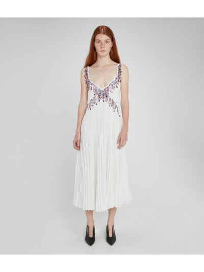 CHRISTOPHER KANE Womens White Beaded Pleated Lined Sheer Adjustable Spaghetti Strap V Neck Midi Evening Fit + Flare Dress 2