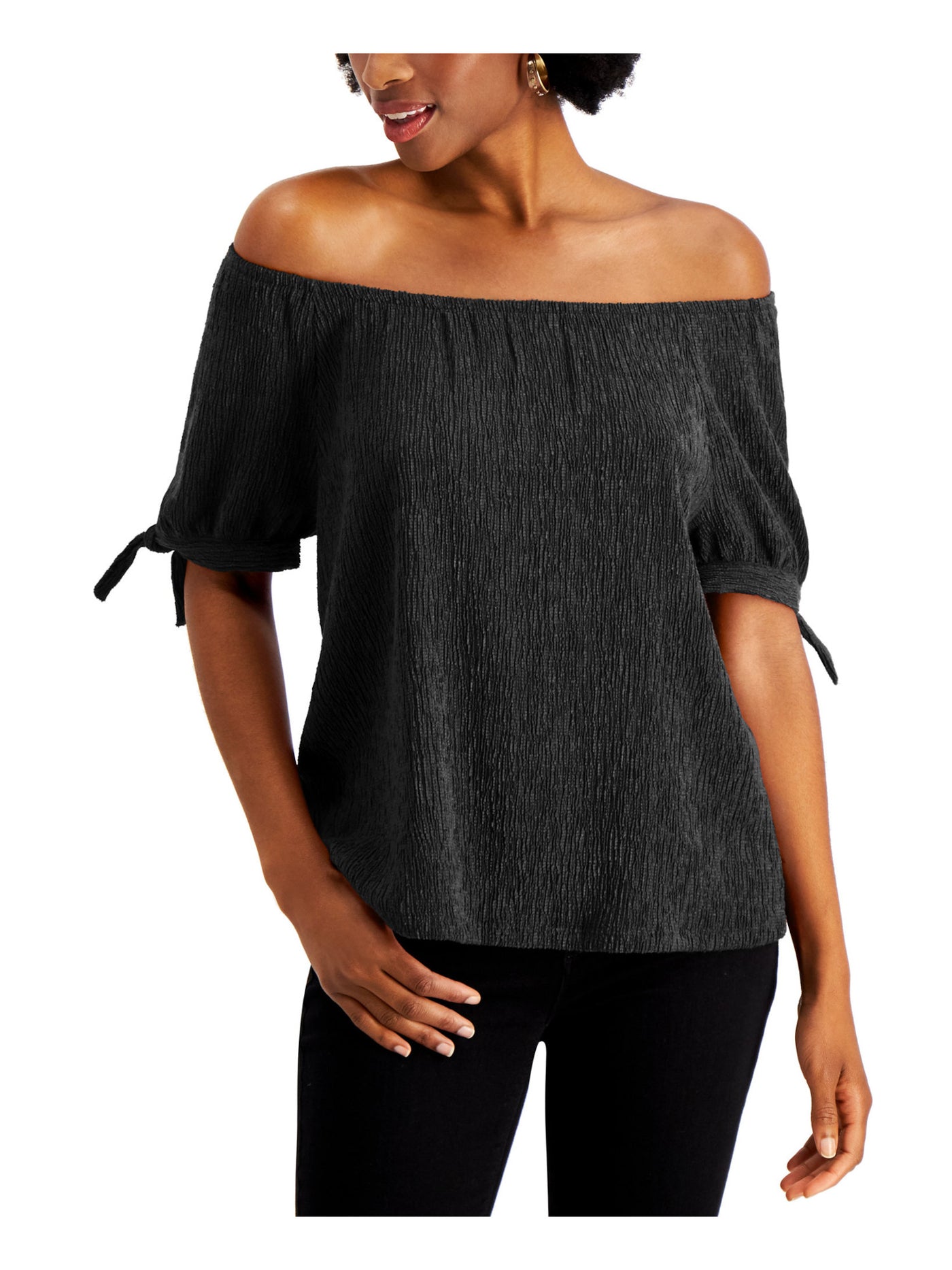 STYLE & COMPANY Womens Black Textured Tie Short Sleeve Off Shoulder Party Top S