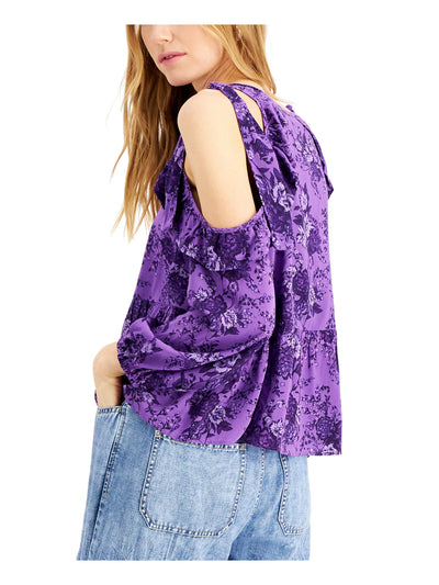 INC Womens Purple Ruffled Cold Shoulder Tie Shoulders Peplum Hem Floral Long Sleeve Crew Neck Blouse S