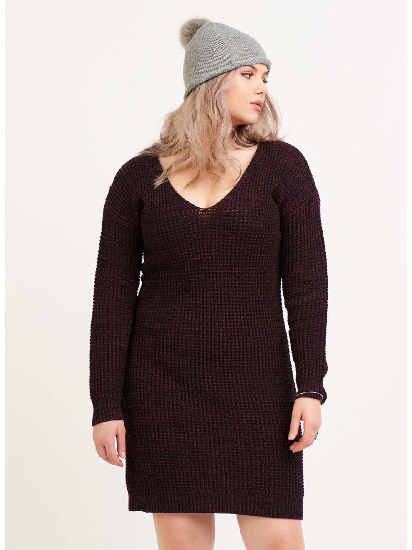 BLACK TAPE Womens Burgundy Cotton Blend Long Sleeve V Neck Above The Knee Sweater Dress Plus 1X