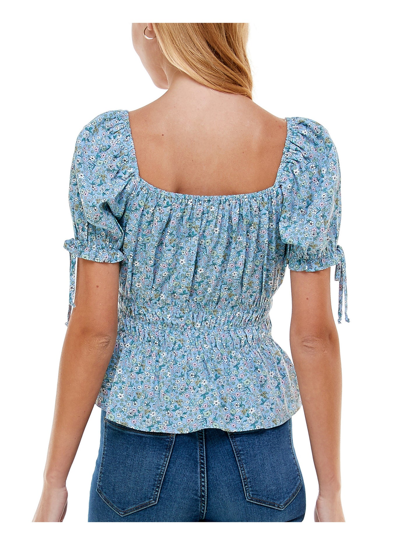 KINGSTON GREY Womens Light Blue Fitted Tie Floral Pouf Sleeve Square Neck Peplum Top Juniors M