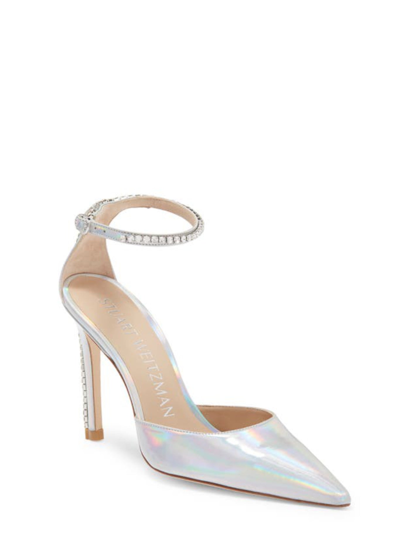 STUART WEITZMAN Womens Silver Iridescent Padded Embellished Ankle Strap Glam 100 Pointed Toe Stiletto Buckle Leather Dress Pumps Shoes 11 B