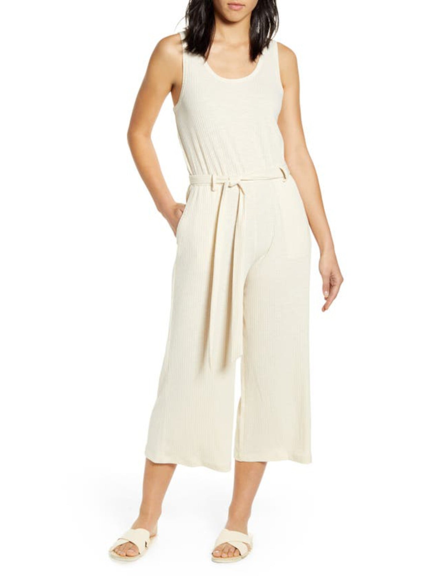 COLLECTION BY BOBEAU Womens Beige Knit Ribbed Belted Pull On Stretch Heather Sleeveless Scoop Neck Jumpsuit XL