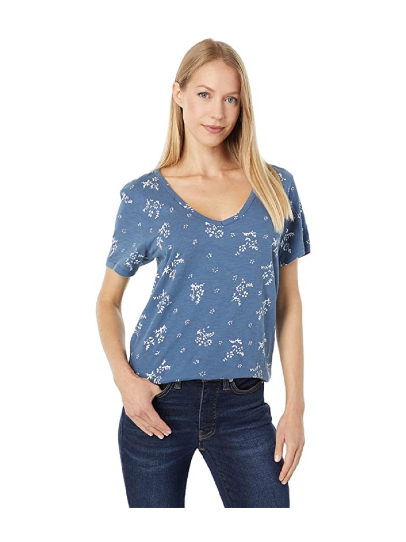 LUCKY BRAND Womens Blue Printed Short Sleeve V Neck Top XS