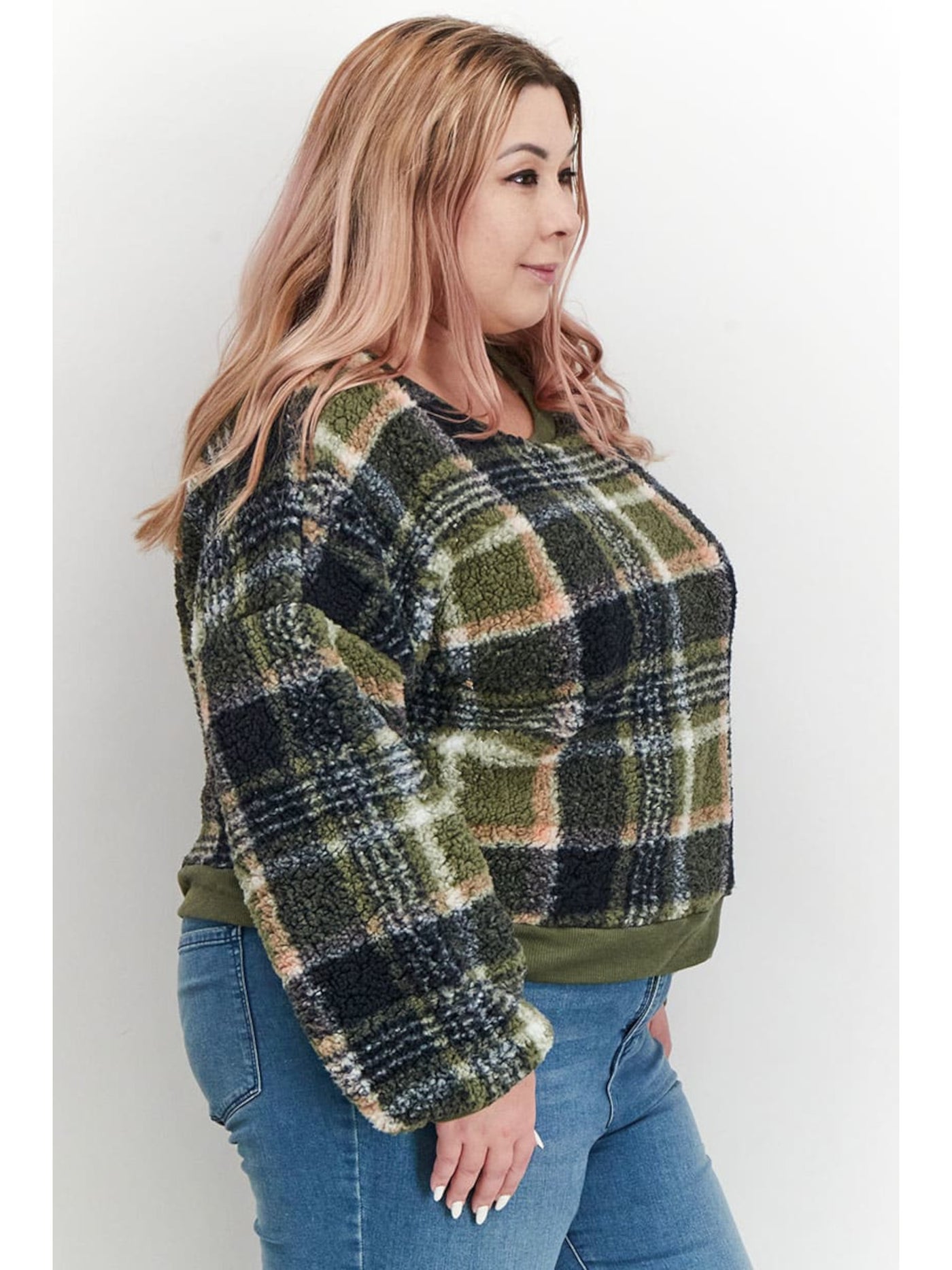 LOVE + JOY Womens Green Plaid Long Sleeve Crew Neck Sweater Plus 2X