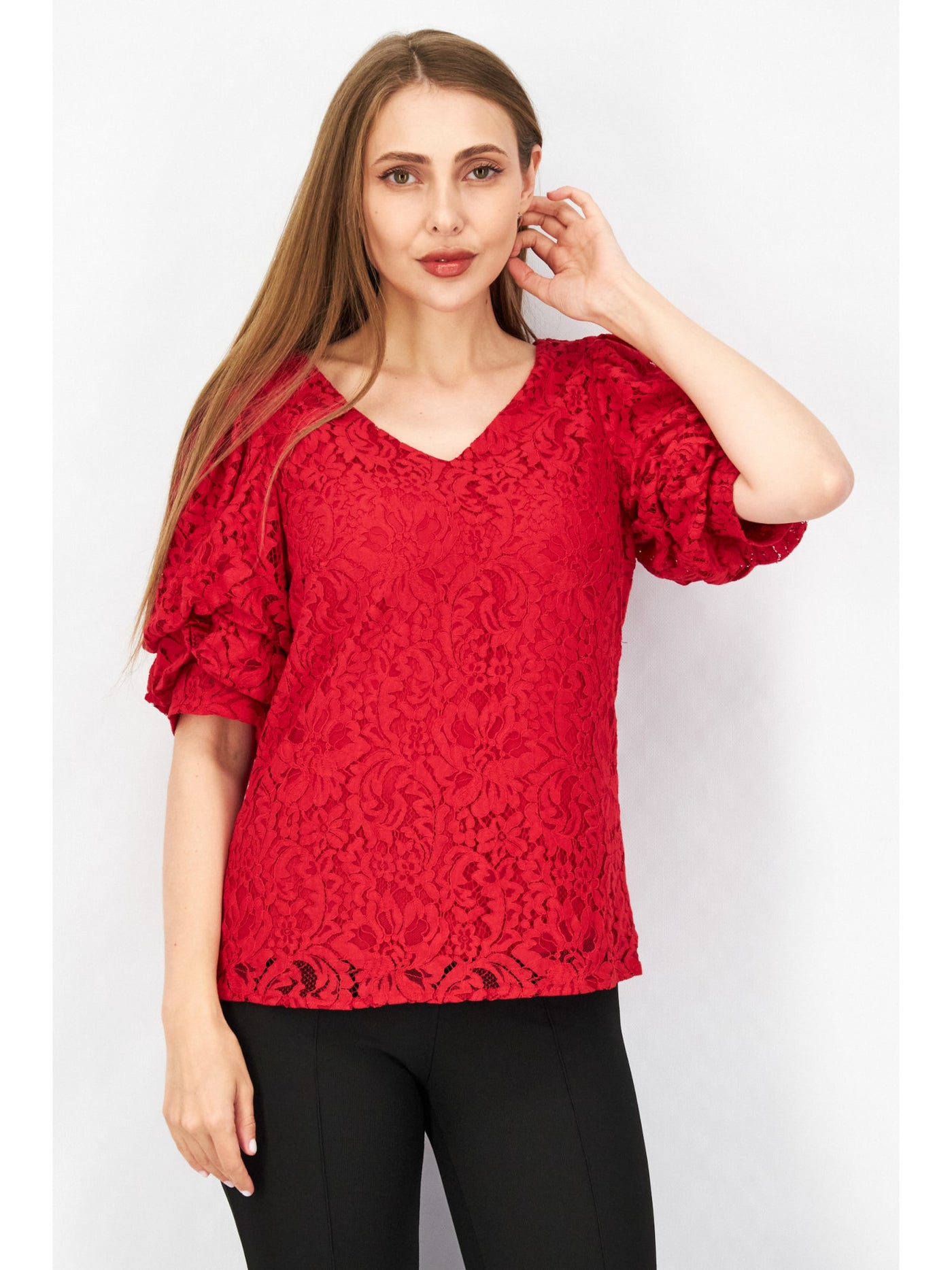 VINCE CAMUTO Womens Red Lace Lined Pouf Sleeve V Neck Wear To Work Top XL