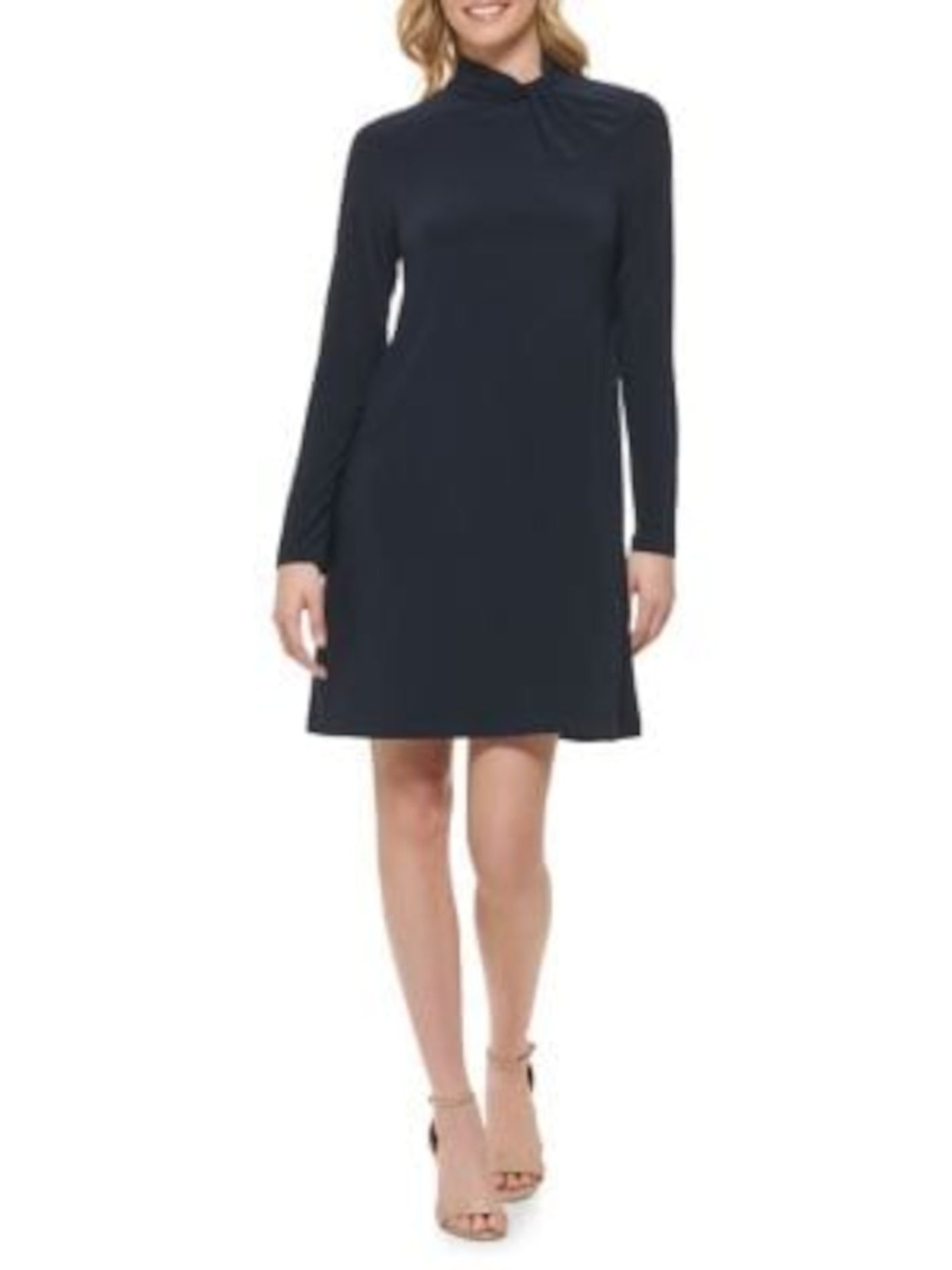 TOMMY HILFIGER Womens Navy Stretch Zippered Twist Neck Long Sleeve Mock Neck Above The Knee Shift Dress 10