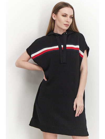 TOMMY HILFIGER Womens Black Striped Cap Sleeve Short Sweater Dress S\P