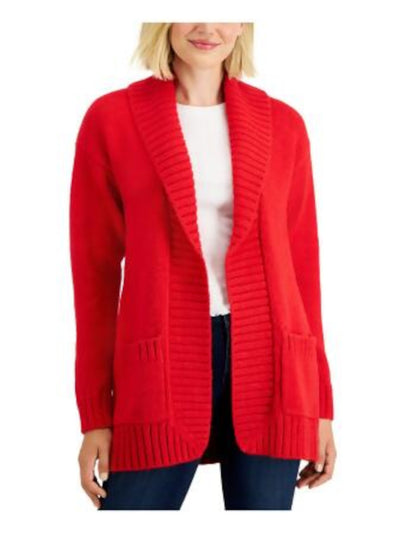CHARTER CLUB Womens Red Ribbed Pocketed Heart On Back Printed Long Sleeve Open Front Cardigan S