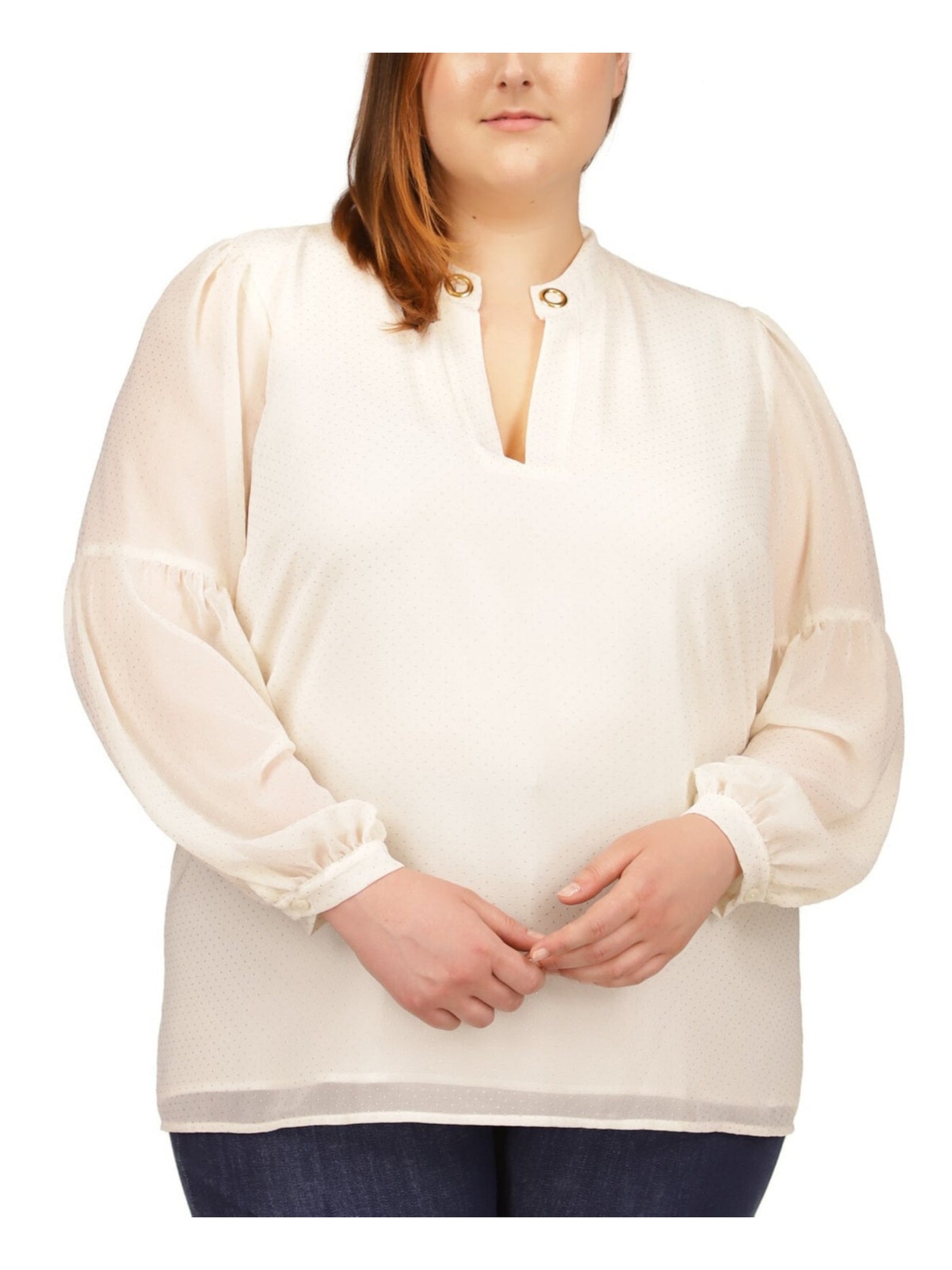 MICHAEL MICHAEL KORS Womens Ivory Sheer Lined Grommet Hardware Darted Polka Dot Blouson Sleeve Split Tunic Top Plus 1X
