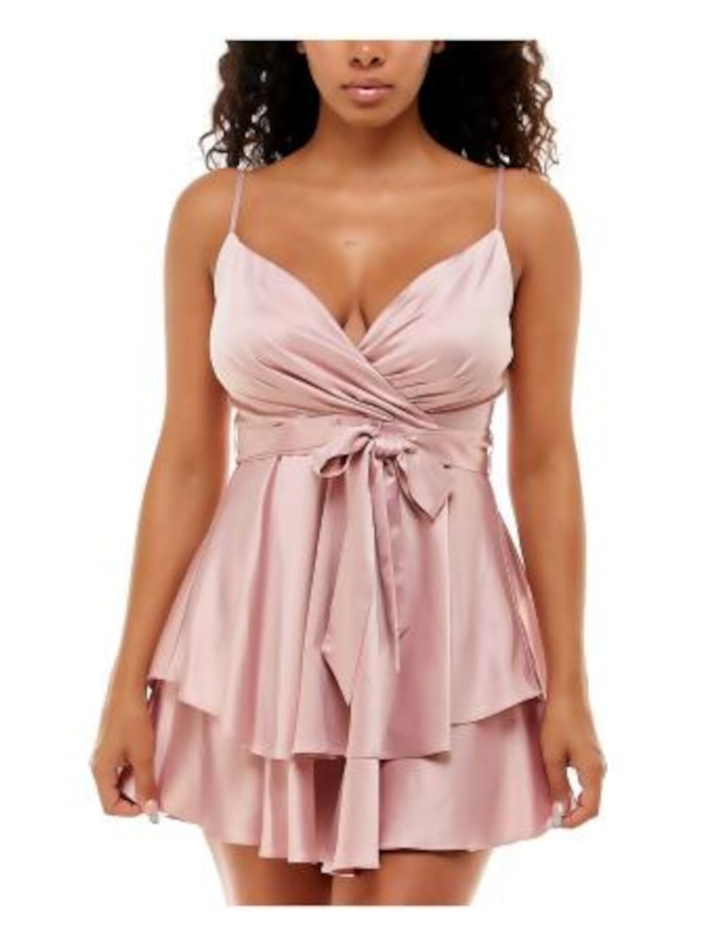 B DARLIN Womens Pink Pleated Zippered Tie Sash Layered Skirt Spaghetti Strap Surplice Neckline Mini Party Fit + Flare Dress Juniors 13\14