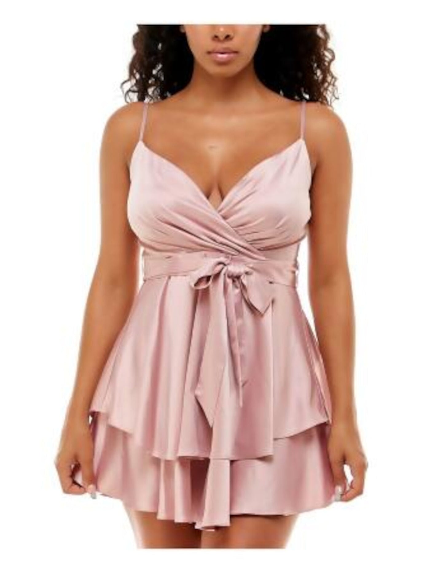 B DARLIN Womens Pink Pleated Zippered Tie Sash Layered Skirt Spaghetti Strap Surplice Neckline Mini Party Fit + Flare Dress Juniors 9\10