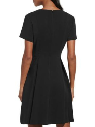 TOMMY HILFIGER Womens Black Pleated Zippered Short Sleeve V Neck Above The Knee Party Fit + Flare Dress 8