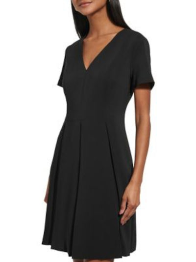 TOMMY HILFIGER Womens Black Pleated Zippered Short Sleeve V Neck Above The Knee Party Fit + Flare Dress 8