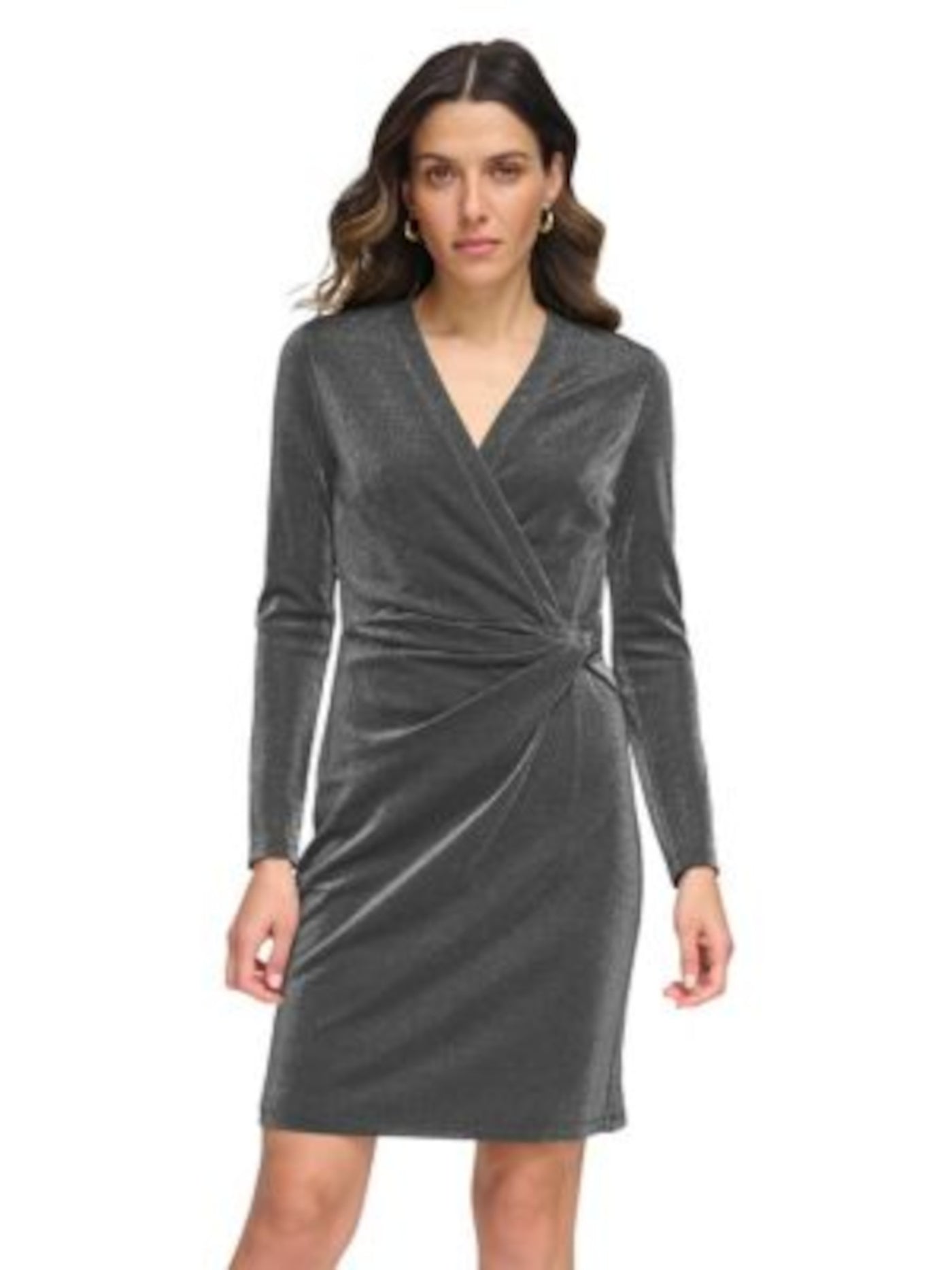 TOMMY HILFIGER Womens Silver Zippered Lined Twist Waist Long Sleeve Surplice Neckline Above The Knee Party Sheath Dress 10