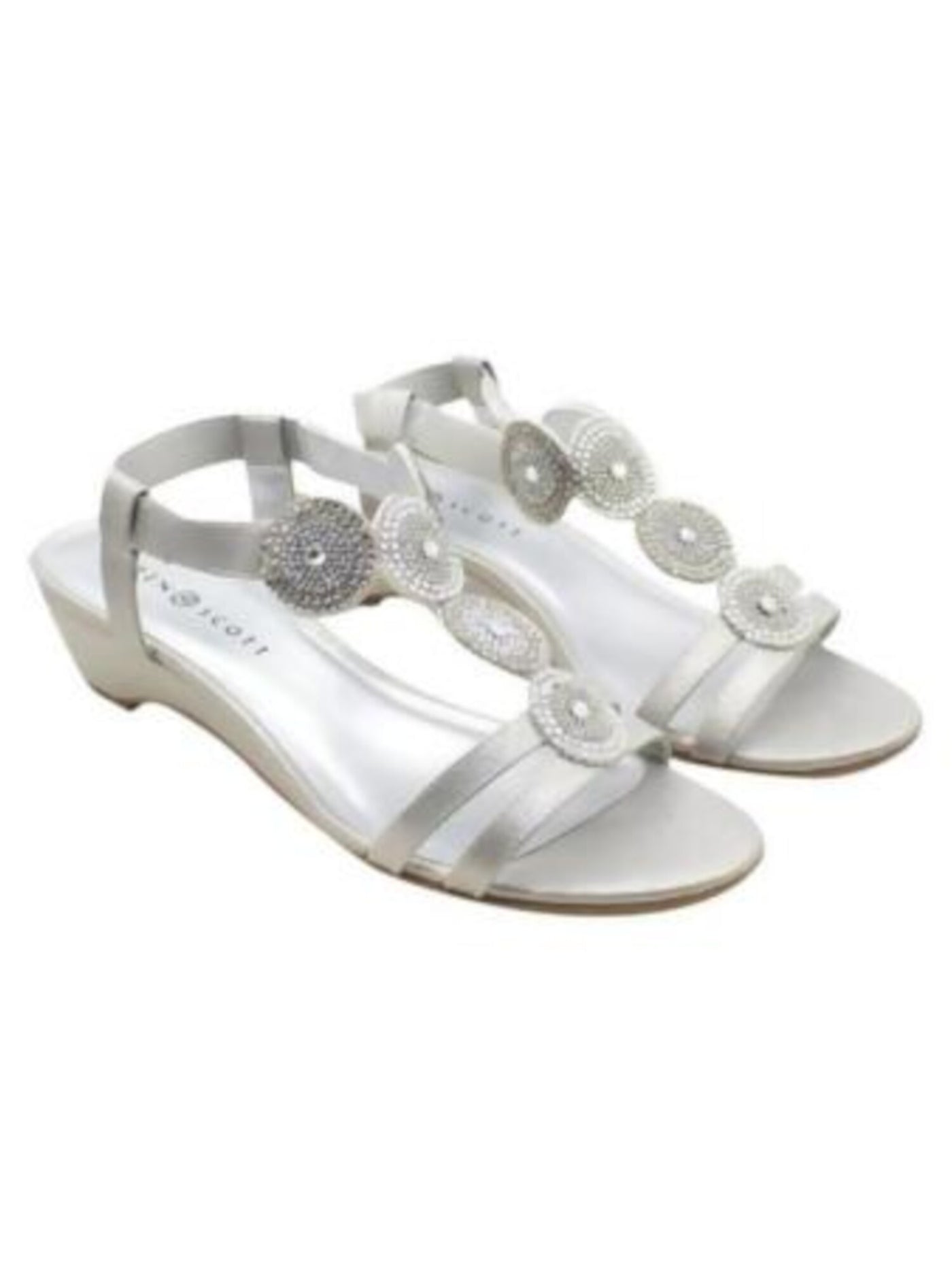 KAREN SCOTT Womens Silver Gladiator Inspired Rhinestone Medallion Accents Metallic Cushioned T-Strap Catrinaa Round Toe Wedge Slip On Dress Heeled Thong Sandals 7 M