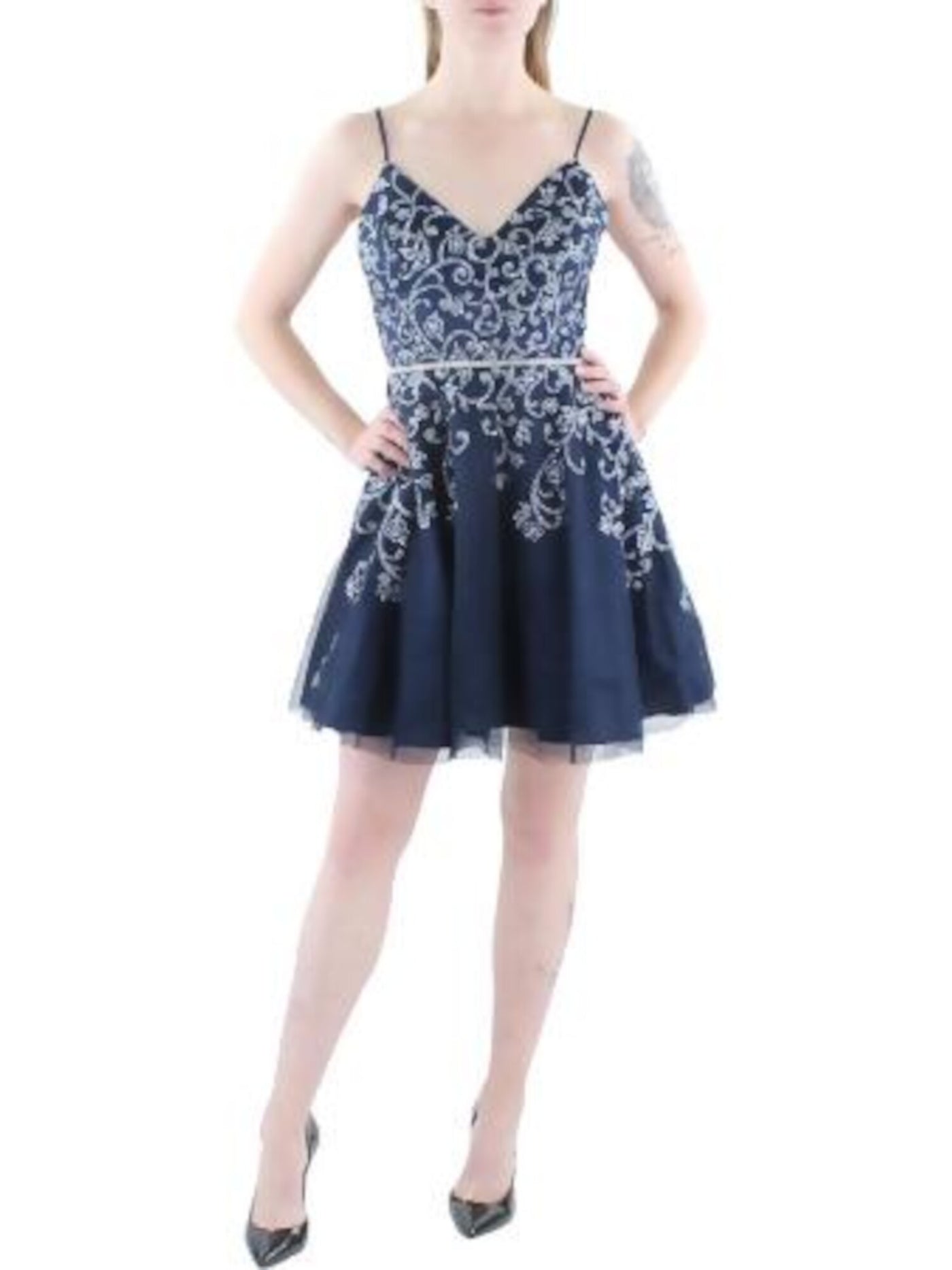 CITY STUDIO Womens Navy Rhinestone Zippered Padded Lined Floral Spaghetti Strap V Neck Short Party Fit + Flare Dress Juniors 7