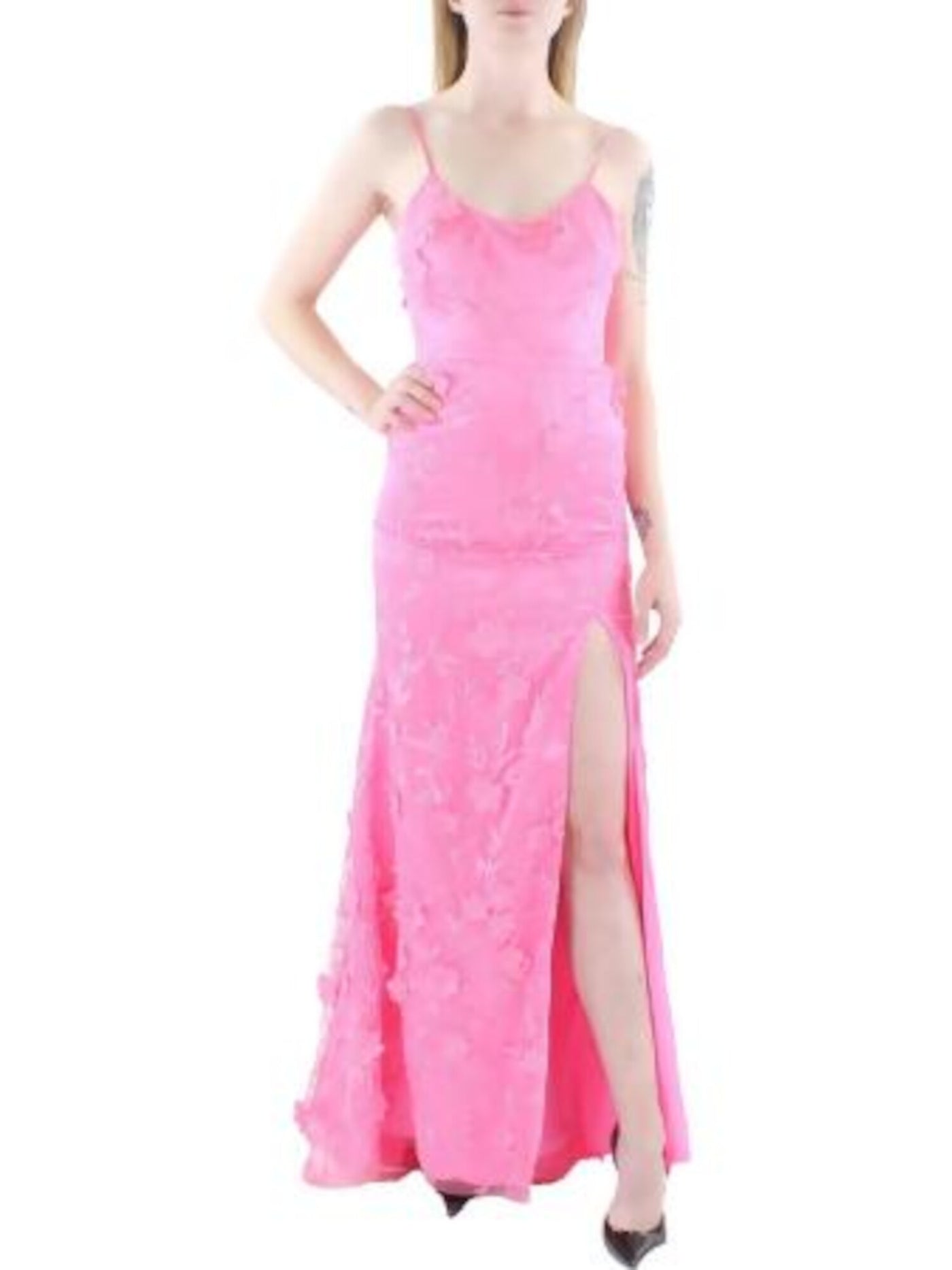 DEAR MOON Womens Pink Zippered Slitted Lace-up Back Lined Spaghetti Strap Scoop Neck Full-Length Evening Gown Dress 0