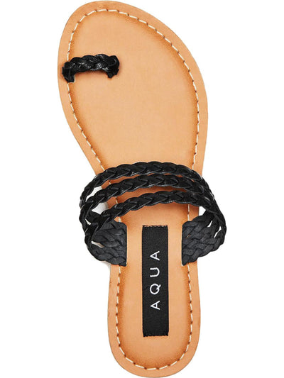 AQUA Womens Black Toe-Loop Cushioned Braided Slay Open Toe Slip On Leather Slide Sandals Shoes 8