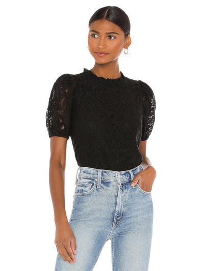 1. STATE Womens Black Lace Ruffled Floral Pouf Sleeve Crew Neck Top S