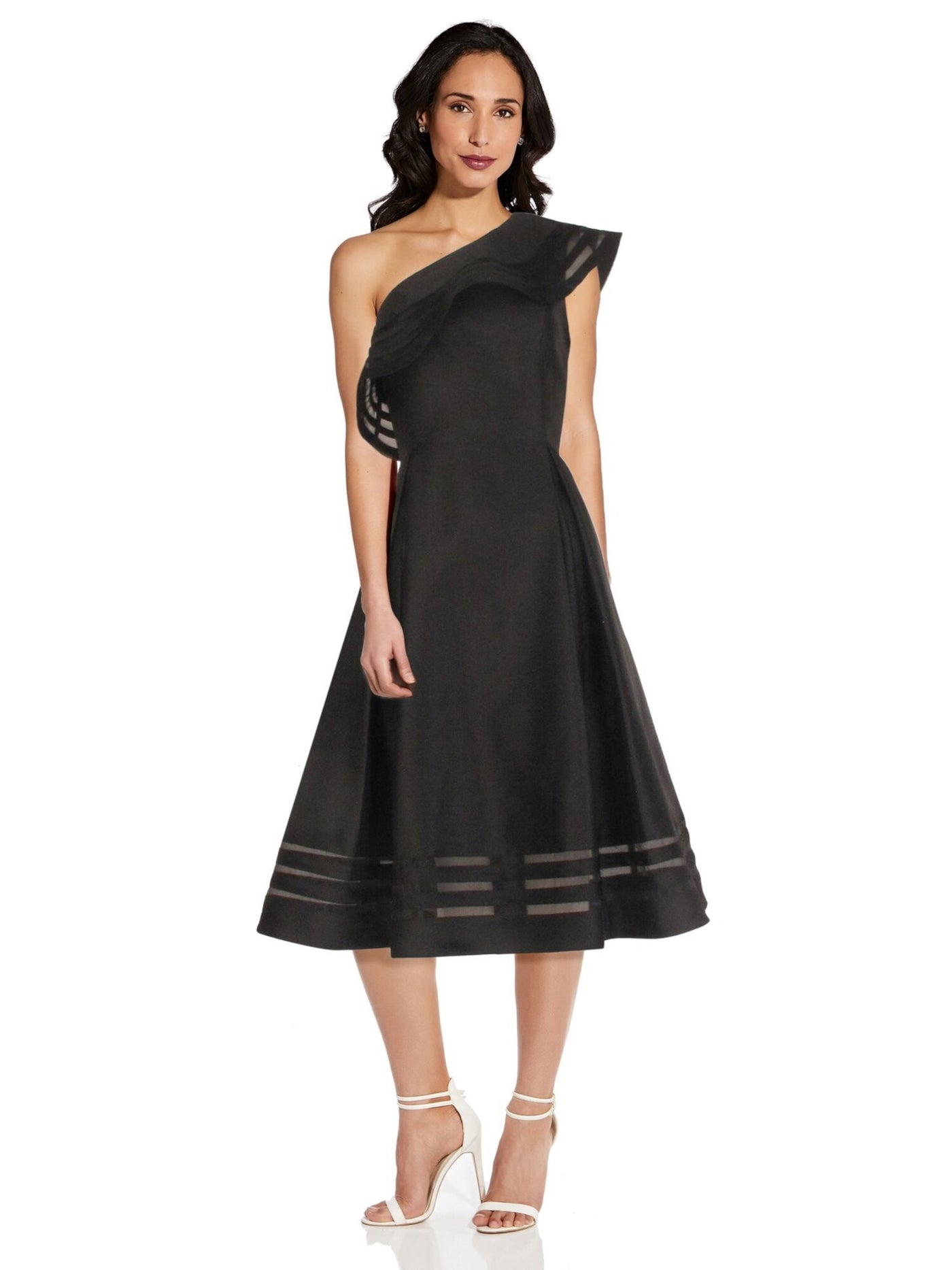 ADRIANNA PAPELL Womens Black Ruffled Sheer Striped Asymmetrical Neckline Midi Formal Fit + Flare Dress 4