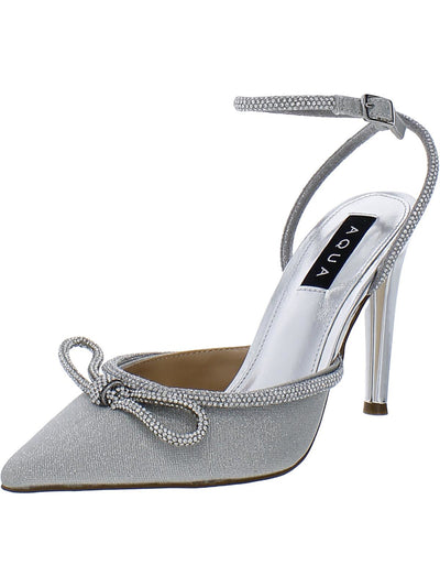 AQUA Womens Silver Padded Bow Detail Embellished Ankle Strap Charm Pointed Toe Buckle Pumps Shoes 8 M